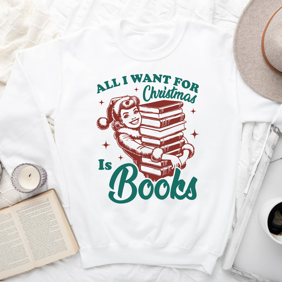 All I Want for Christmas Is Books Sweatshirt – Cozy Retro Book Lover Christmas Sweater