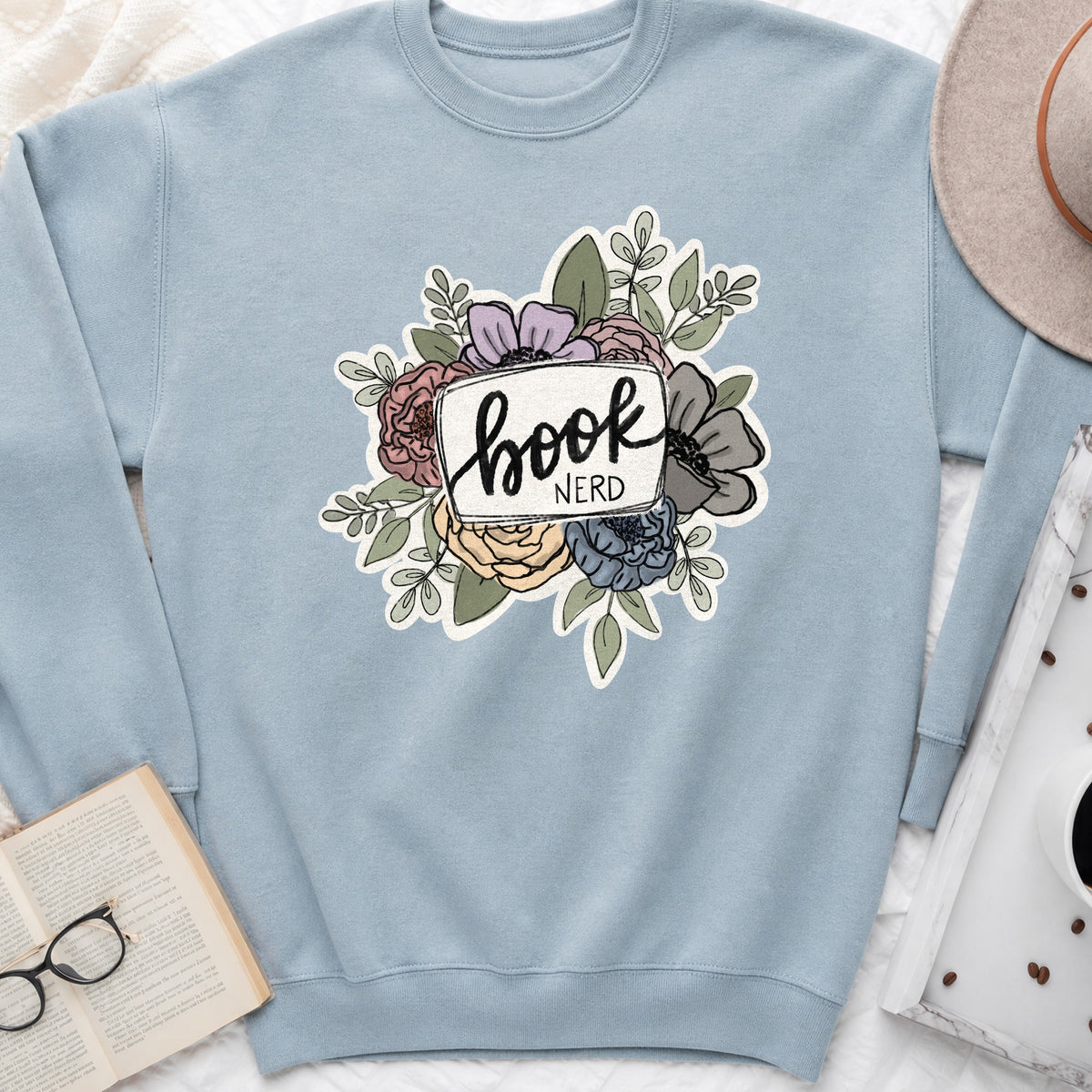 Book Nerd Floral Sweatshirt or Hoodie, Pretty Book Lover Crewneck