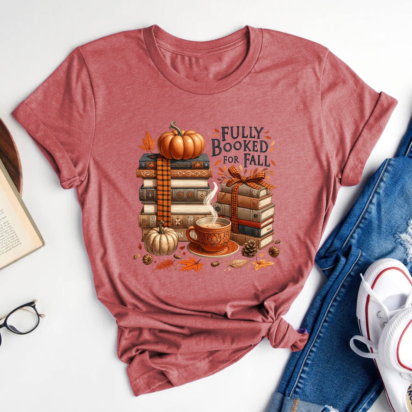 Fully Booked For Fall Books Pumpkins and Coffee T-Shirt