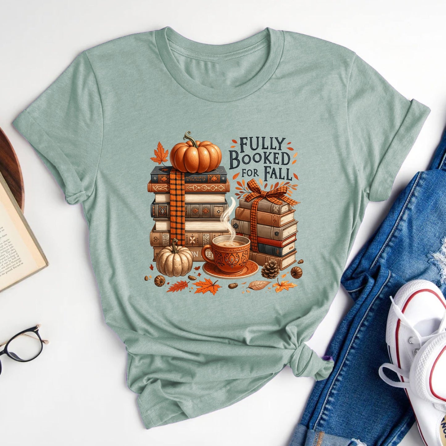 Fully Booked For Fall Books Pumpkins and Coffee T-Shirt
