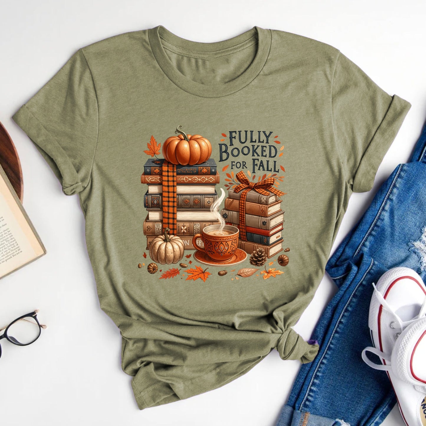 Fully Booked For Fall Books Pumpkins and Coffee T-Shirt