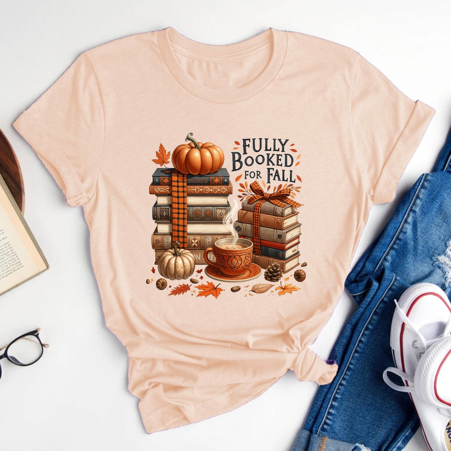 Fully Booked For Fall Books Pumpkins and Coffee T-Shirt