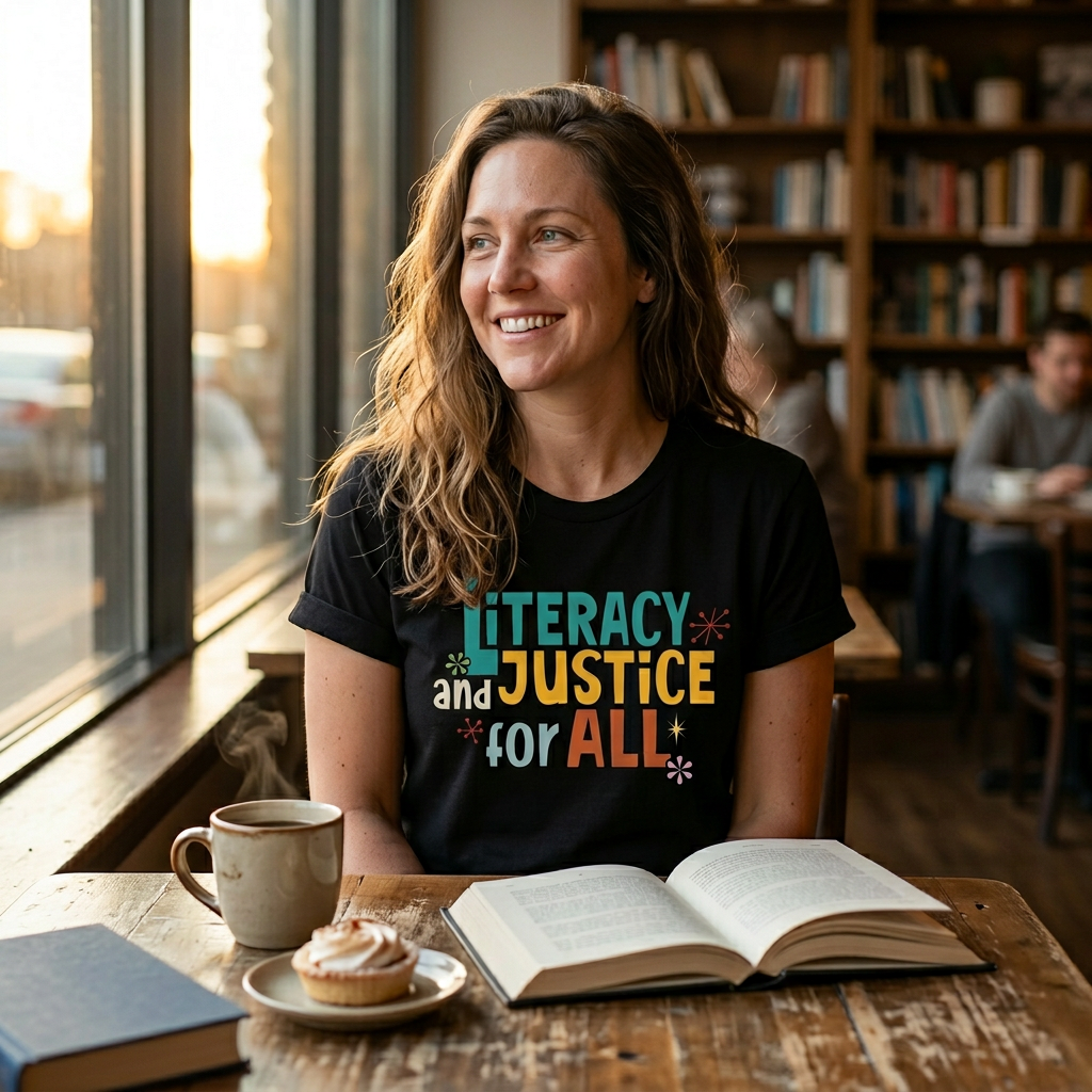 Literacy and Justice for All Tee – Statement Shirt for Readers