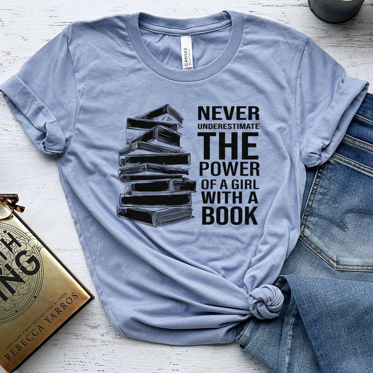 Never Underestimate the Power of a Girl with a Book Tee, Book Stack Shirt