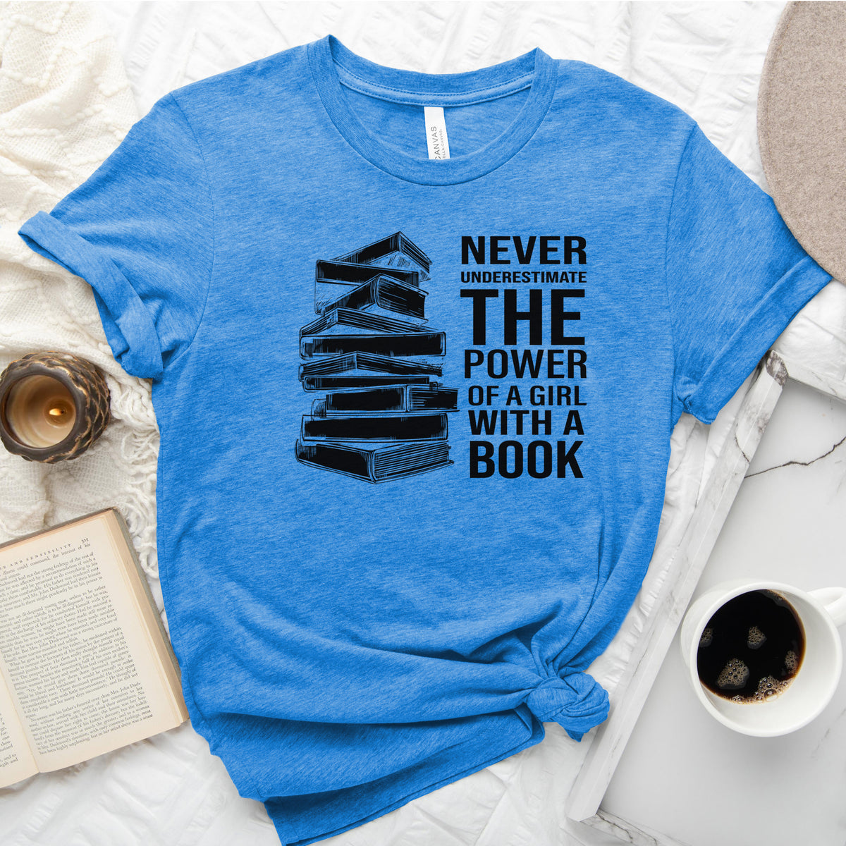 Never Underestimate the Power of a Girl with a Book Tee, Book Stack Shirt