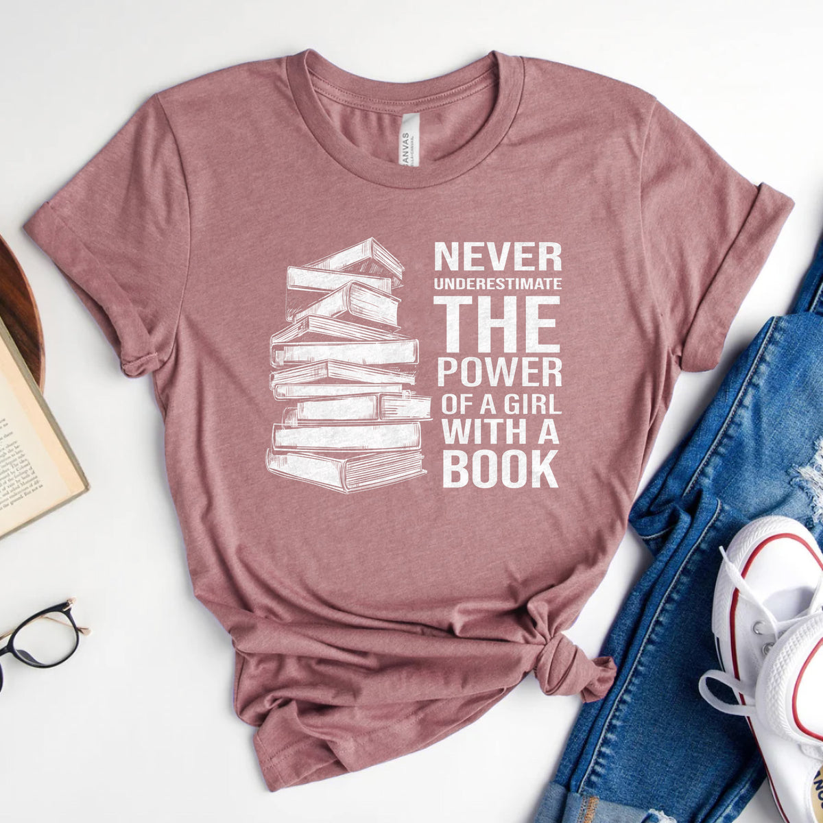 Never Underestimate the Power of a Girl with a Book Tee, Book Stack Shirt