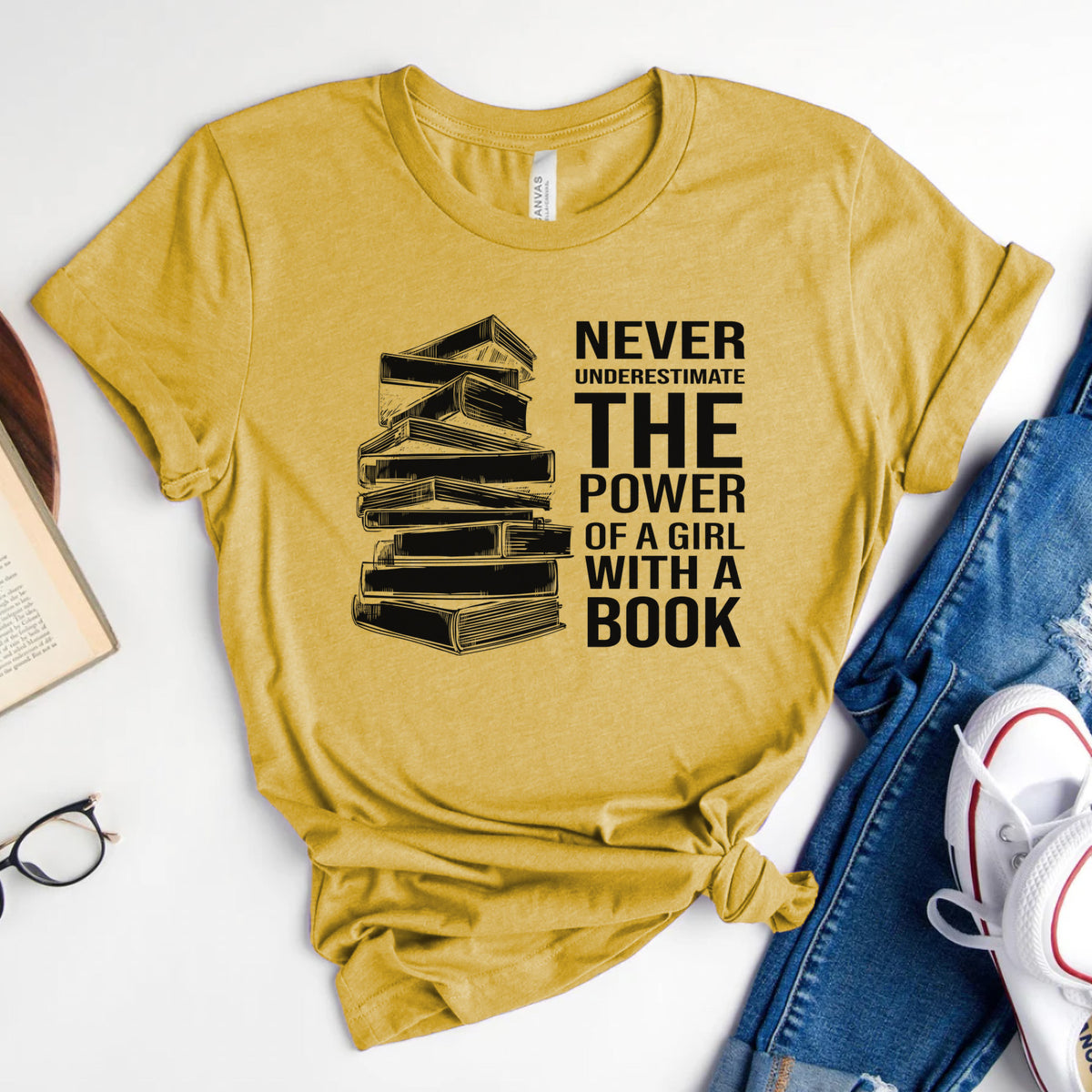 Never Underestimate the Power of a Girl with a Book Tee, Book Stack Shirt