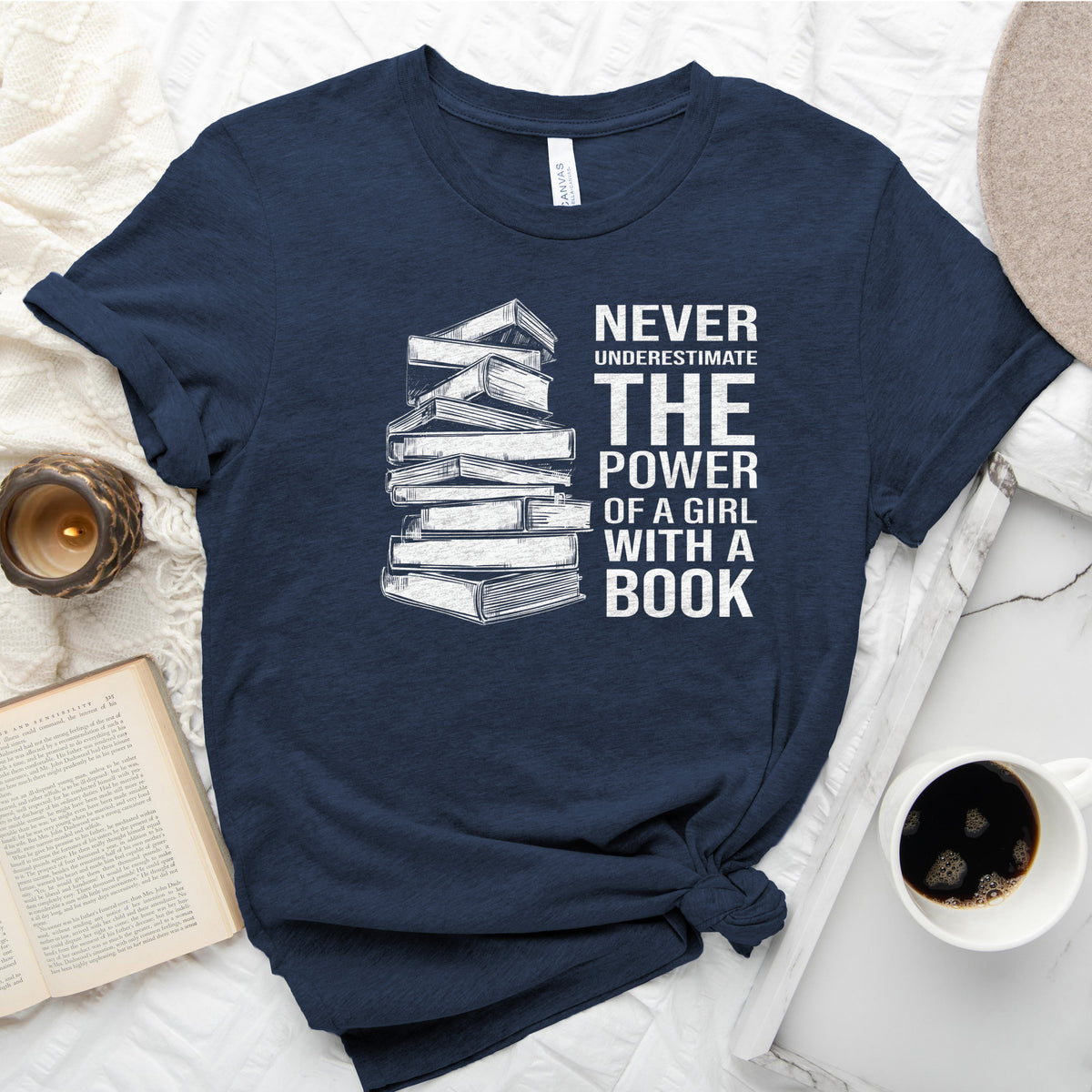 Never Underestimate the Power of a Girl with a Book Tee, Book Stack Shirt