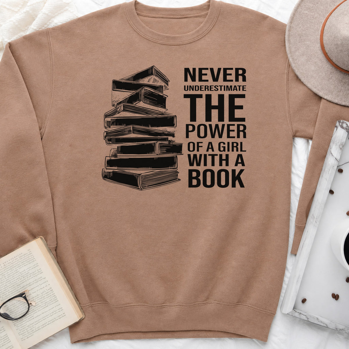 Never Underestimate the Power of a Girl with a Book Sweatshirt or Hoodie, Book Stack Crewneck