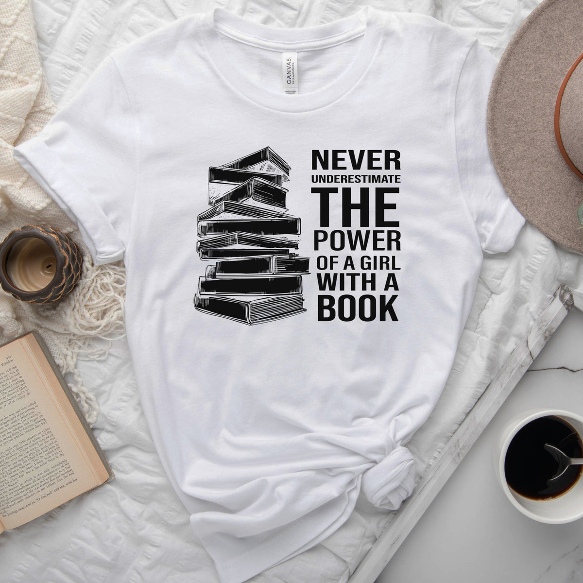 Never Underestimate the Power of a Girl with a Book Tee, Book Stack Shirt