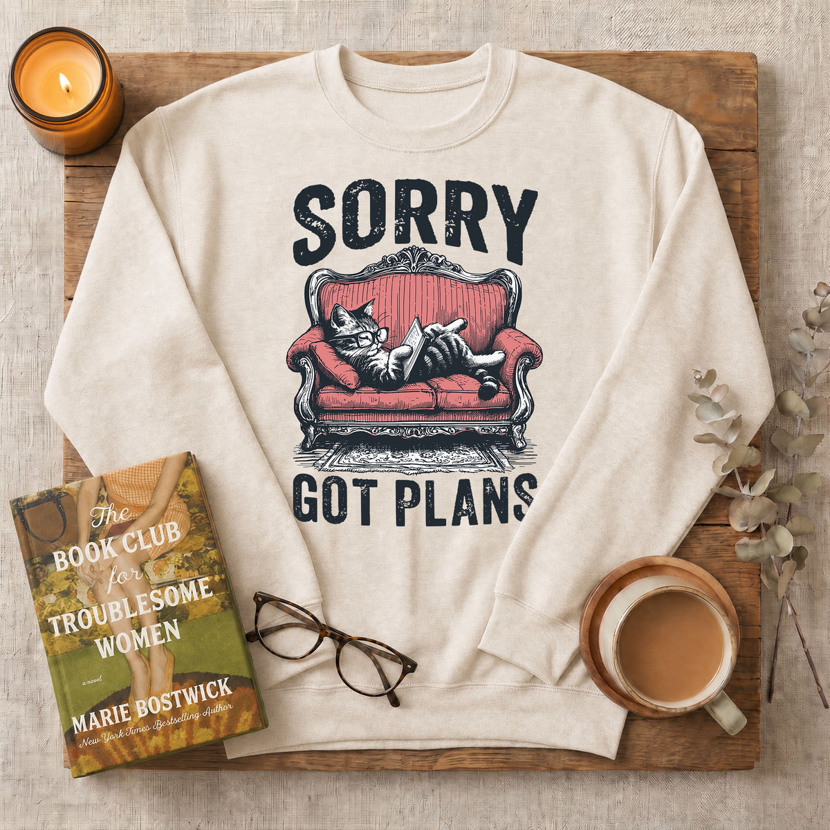 Sorry Got Plans Reading Cat Crewneck Sweatshirt