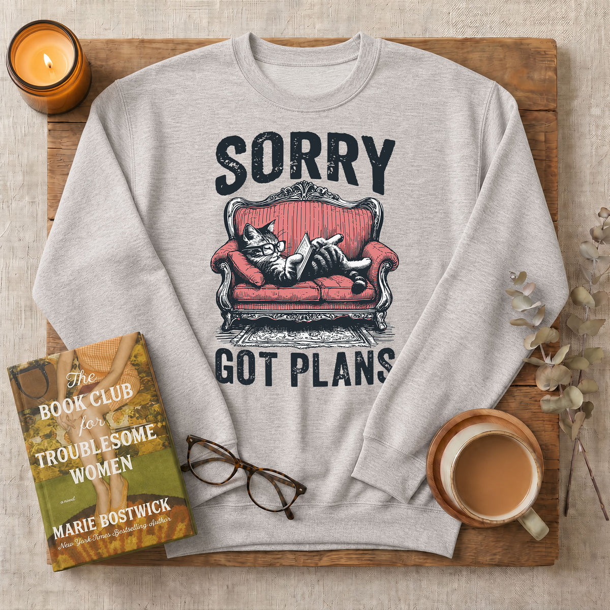Sorry Got Plans Reading Cat Crewneck Sweatshirt