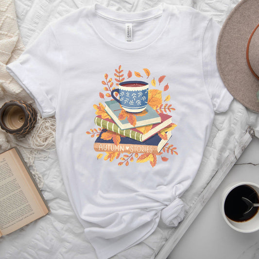 Autumn Stories Book Stack Tee, Cozy Fall Shirt for Readers