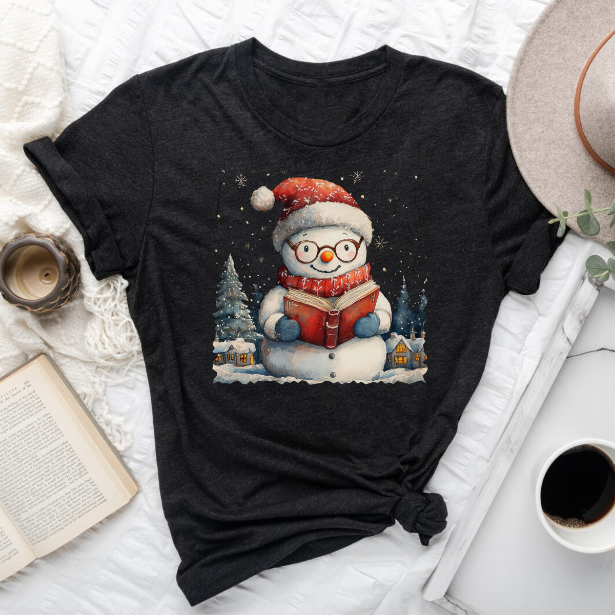 Bookish Snowman Tee – Cozy Winter Reading Shirt