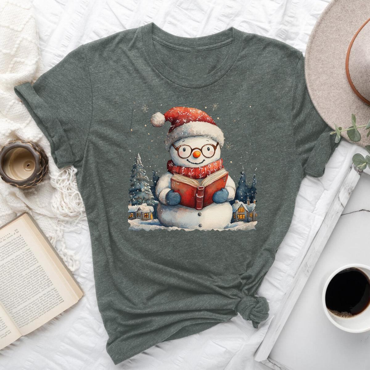 Bookish Snowman Tee – Cozy Winter Reading Shirt
