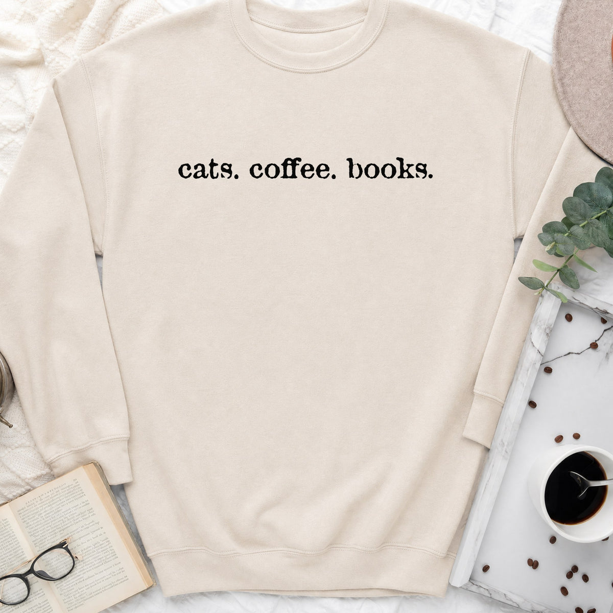 Cats Coffee Books Sweatshirt or Hoodie, Cozy Cat Lover Crewneck