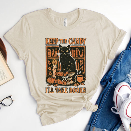 Keep the Candy, I'll Take Books Black Cat Tee, Halloween Shirt for Readers