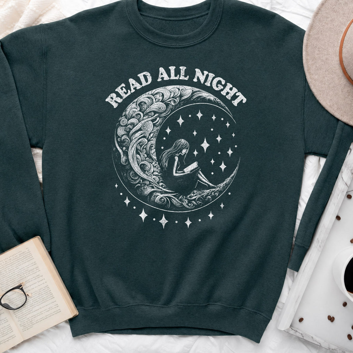 Read All Night Moon Sweatshirt or Hoodie, Celestial Book Lover Crewneck