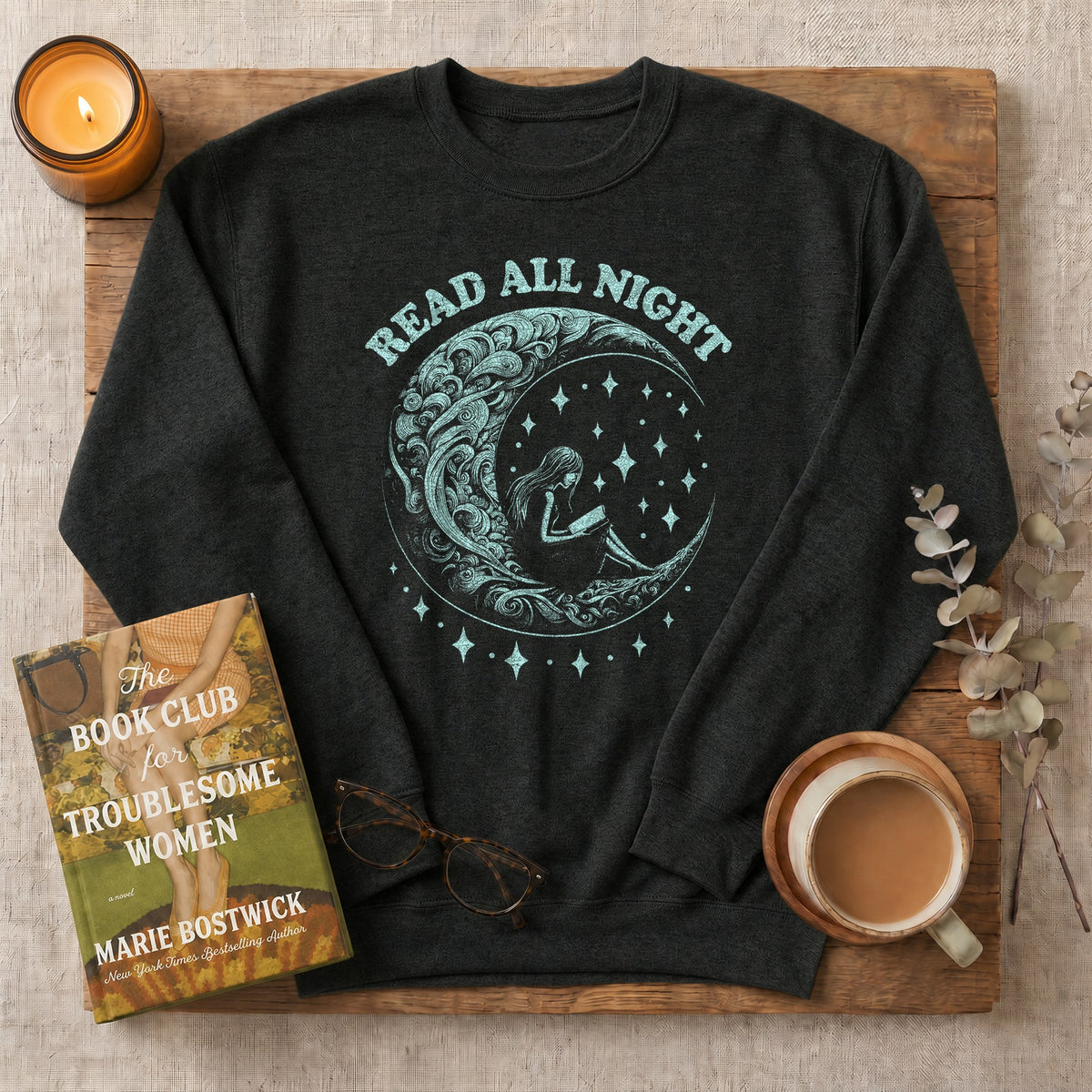 Read All Night Moon Sweatshirt or Hoodie, Celestial Book Lover Crewneck