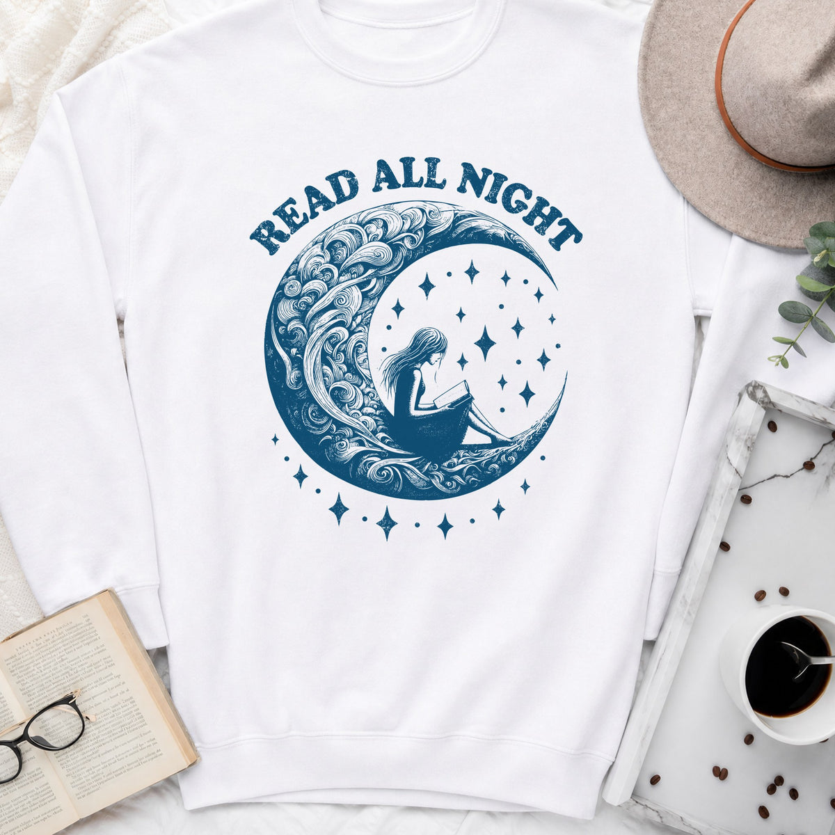 Read All Night Moon Sweatshirt or Hoodie, Celestial Book Lover Crewneck
