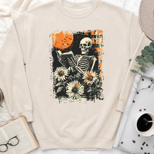 Reading Skeleton Sunflowers Crewneck Sweatshirt, Spooky Season Sweatshirt for Book Lovers