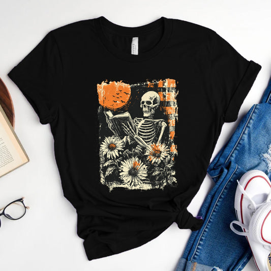 Reading Skeleton Sunflowers Tee, Spooky Season Shirt for Book Lovers