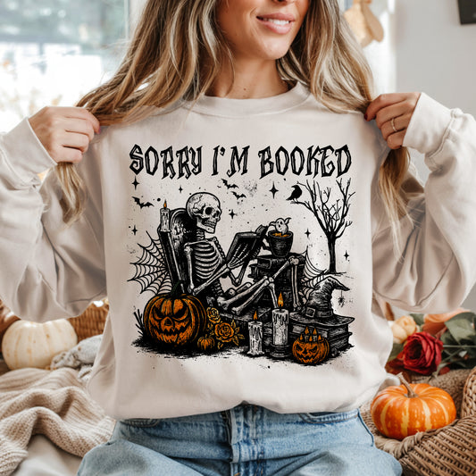 Sorry I'm Booked Skeleton Crewneck Sweatshirt, Funny Halloween Reader Sweatshirt