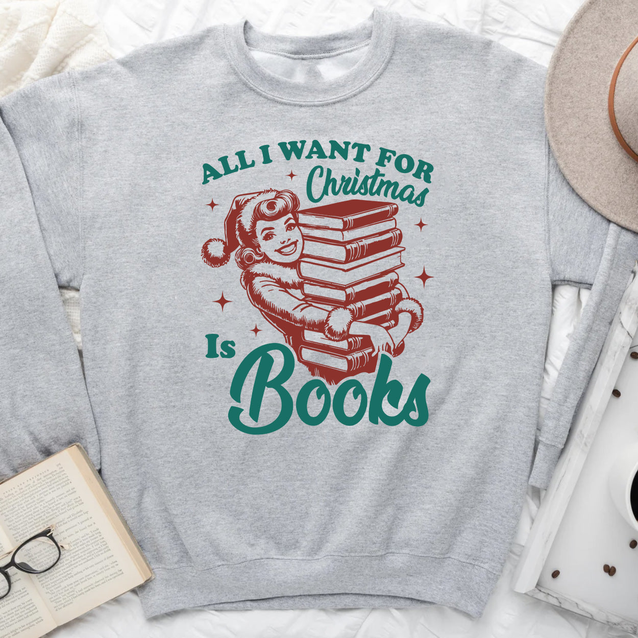 All I Want for Christmas Is Books Sweatshirt – Cozy Retro Book Lover Christmas Sweater