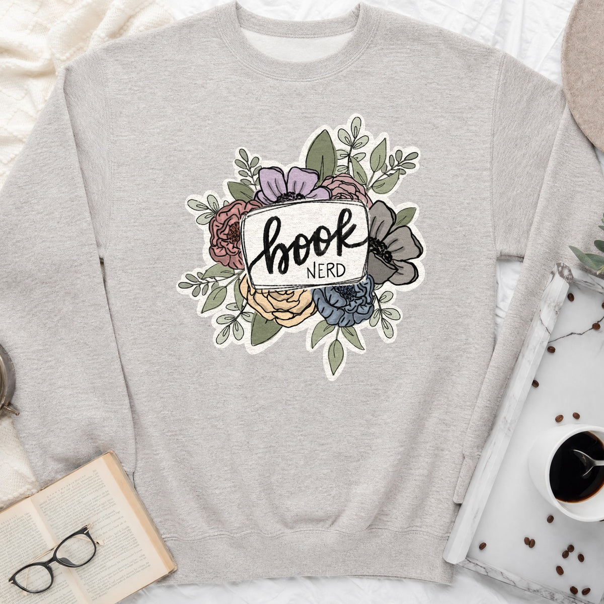 Book Nerd Floral Sweatshirt or Hoodie, Pretty Book Lover Crewneck