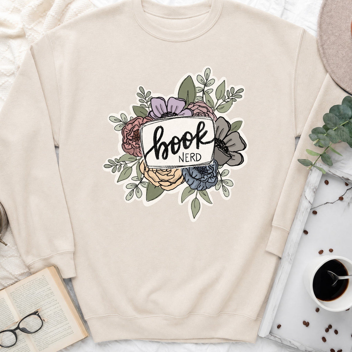 Book Nerd Floral Sweatshirt or Hoodie, Pretty Book Lover Crewneck