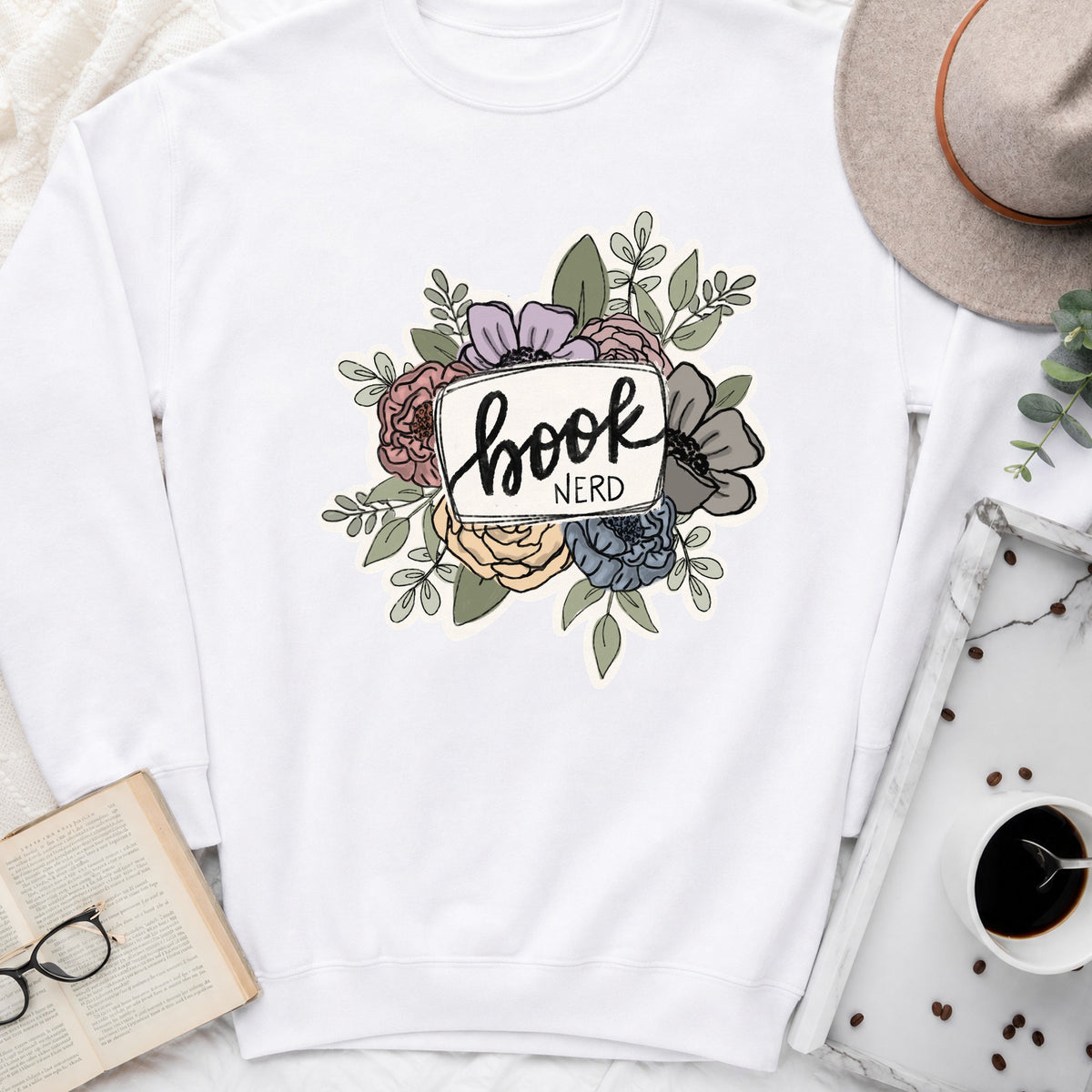 Book Nerd Floral Sweatshirt or Hoodie, Pretty Book Lover Crewneck