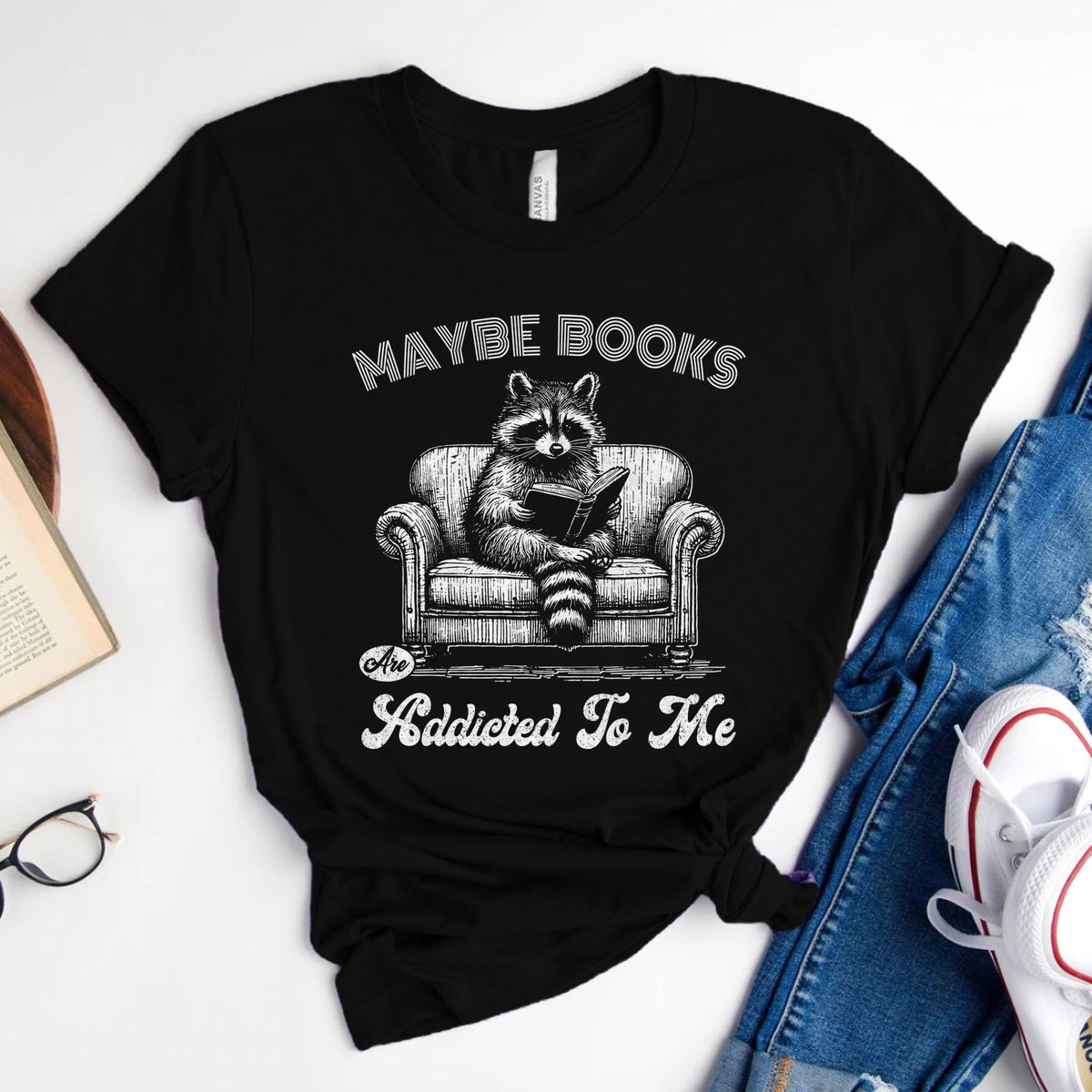 Maybe Books Are Addicted to Me Tee, Funny Raccoon Reader Shirt