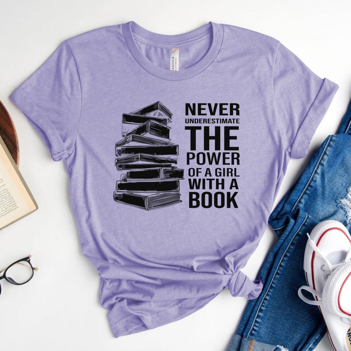Never Underestimate the Power of a Girl with a Book Tee, Book Stack Shirt