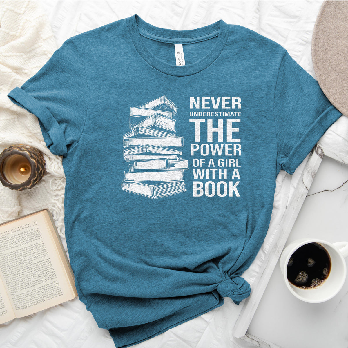Never Underestimate the Power of a Girl with a Book Tee, Book Stack Shirt
