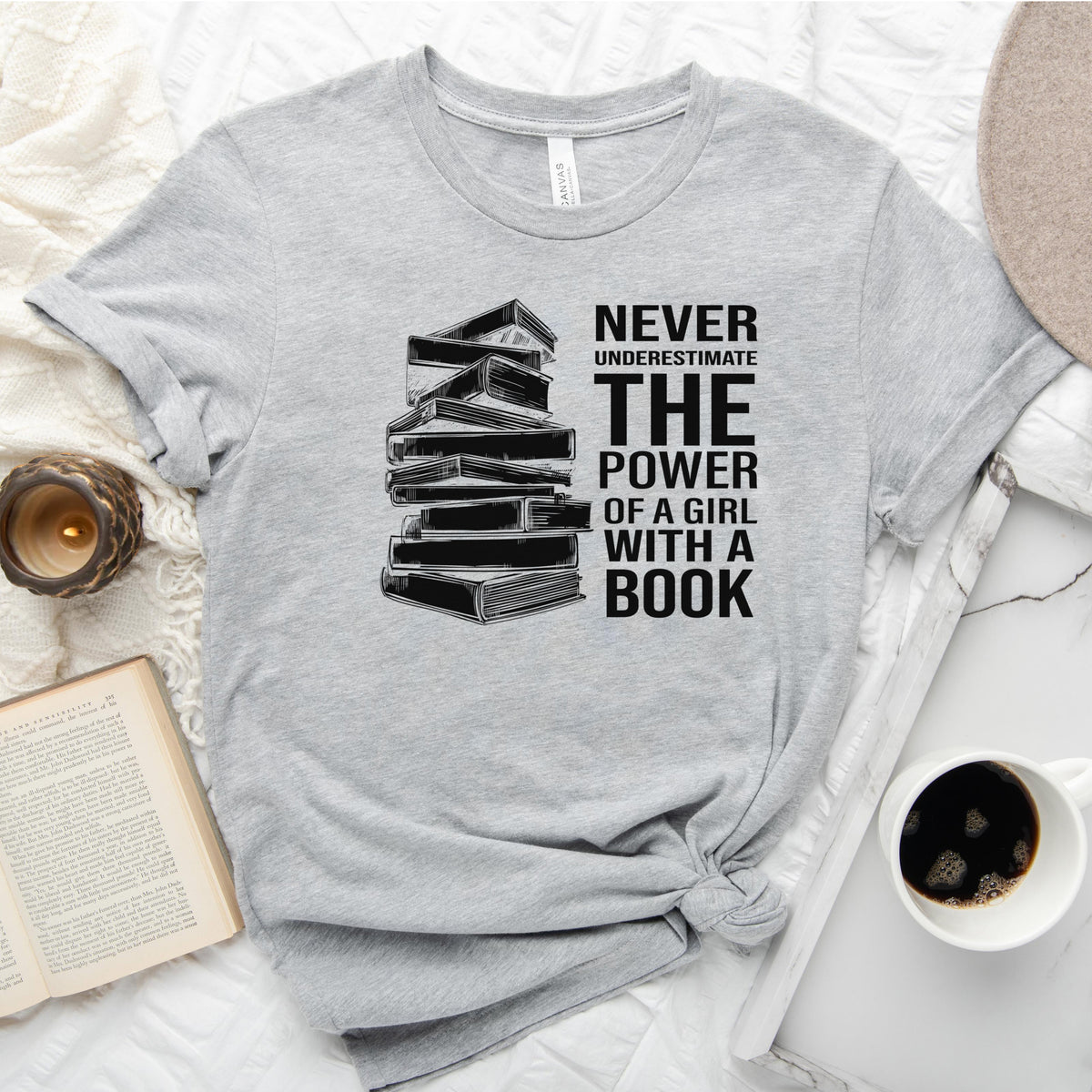 Never Underestimate the Power of a Girl with a Book Tee, Book Stack Shirt