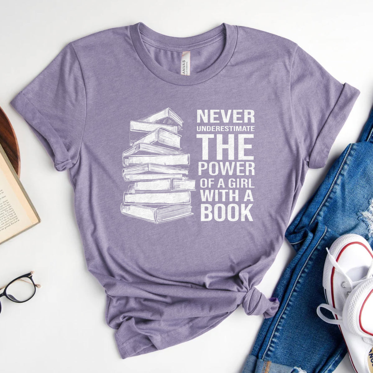 Never Underestimate the Power of a Girl with a Book Tee, Book Stack Shirt
