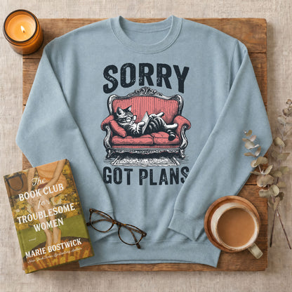 Sorry Got Plans Reading Cat Crewneck Sweatshirt