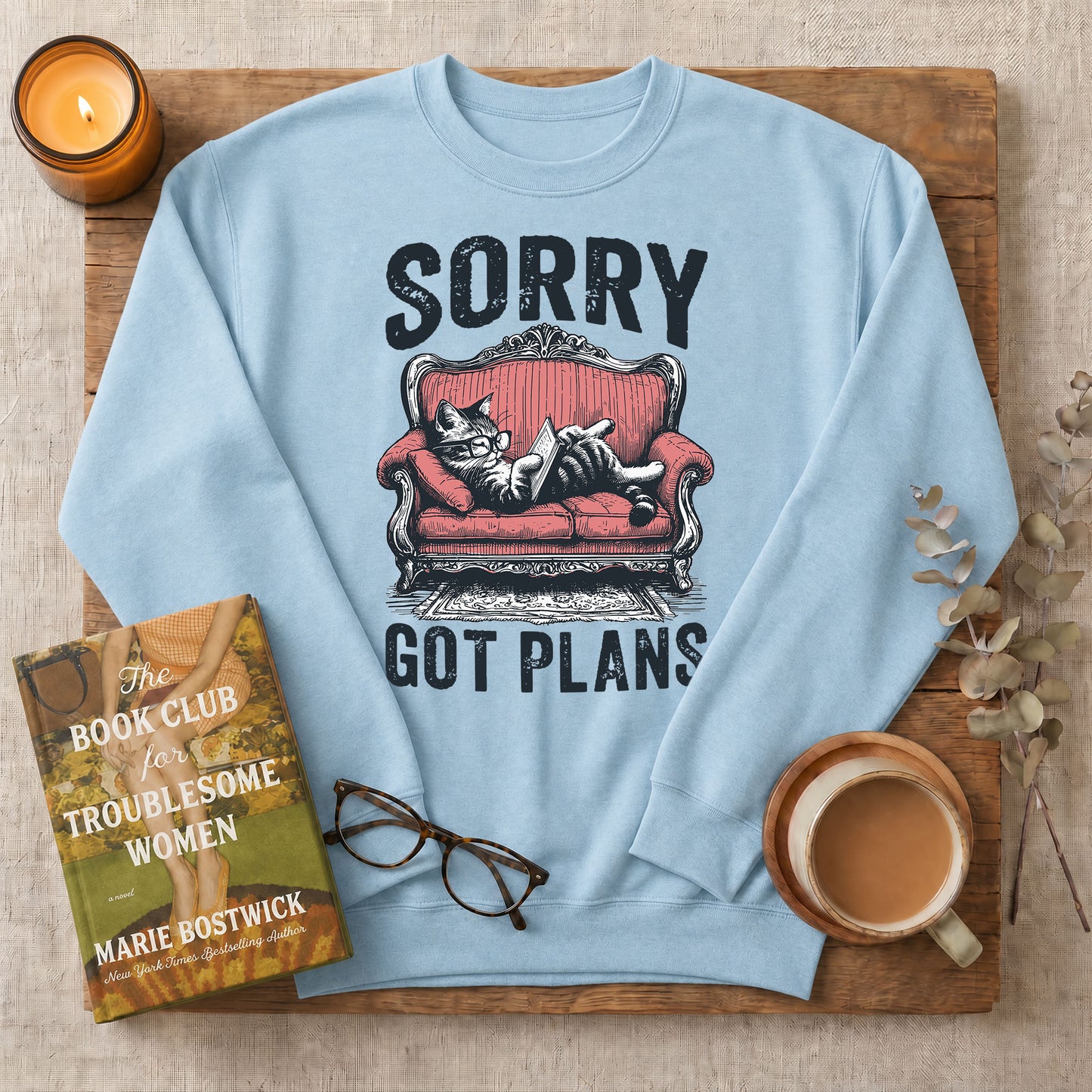 Sorry Got Plans Reading Cat Crewneck Sweatshirt
