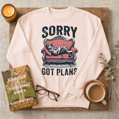 Sorry Got Plans Reading Cat Crewneck Sweatshirt