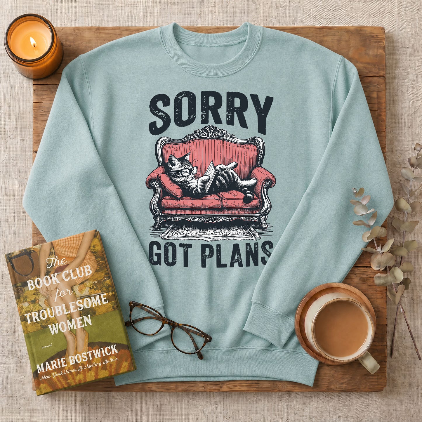 Sorry Got Plans Reading Cat Crewneck Sweatshirt