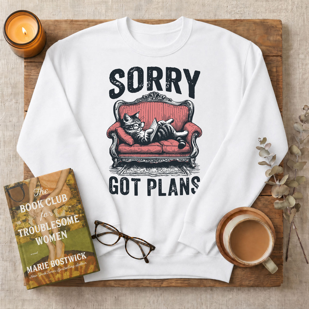 Sorry Got Plans Reading Cat Crewneck Sweatshirt