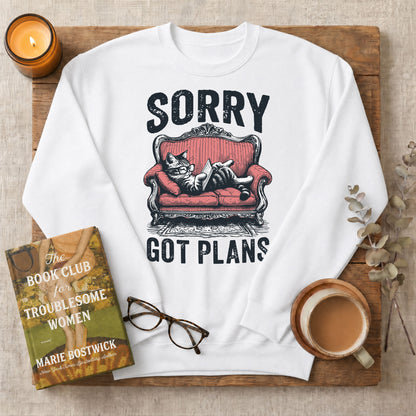 Sorry Got Plans Reading Cat Crewneck Sweatshirt