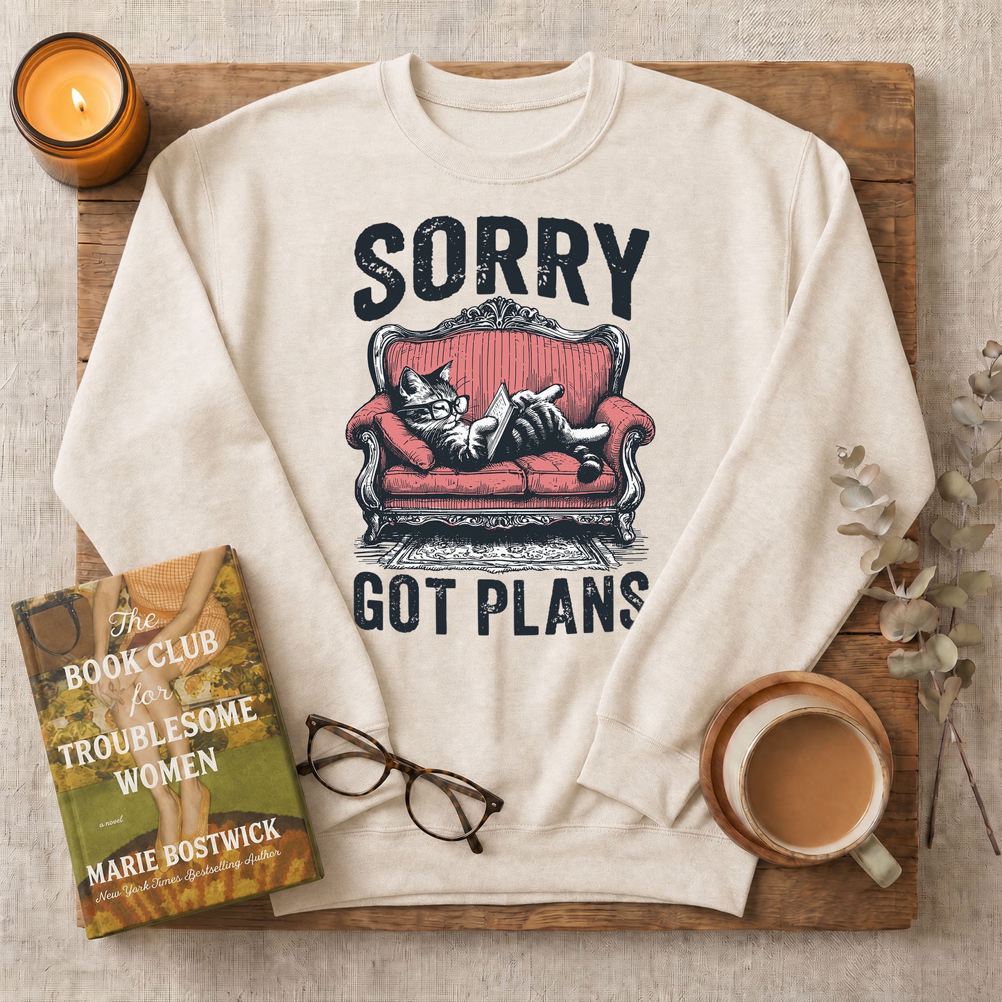 Sorry Got Plans Reading Cat Crewneck Sweatshirt