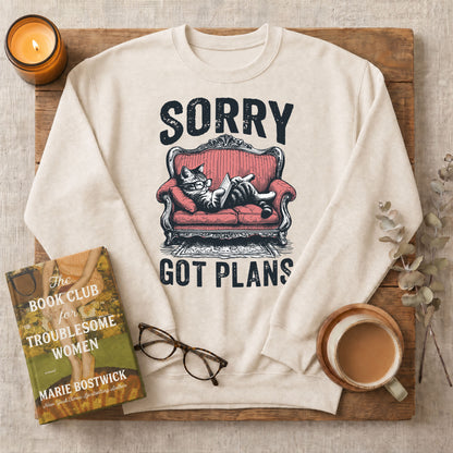 Sorry Got Plans Reading Cat Crewneck Sweatshirt