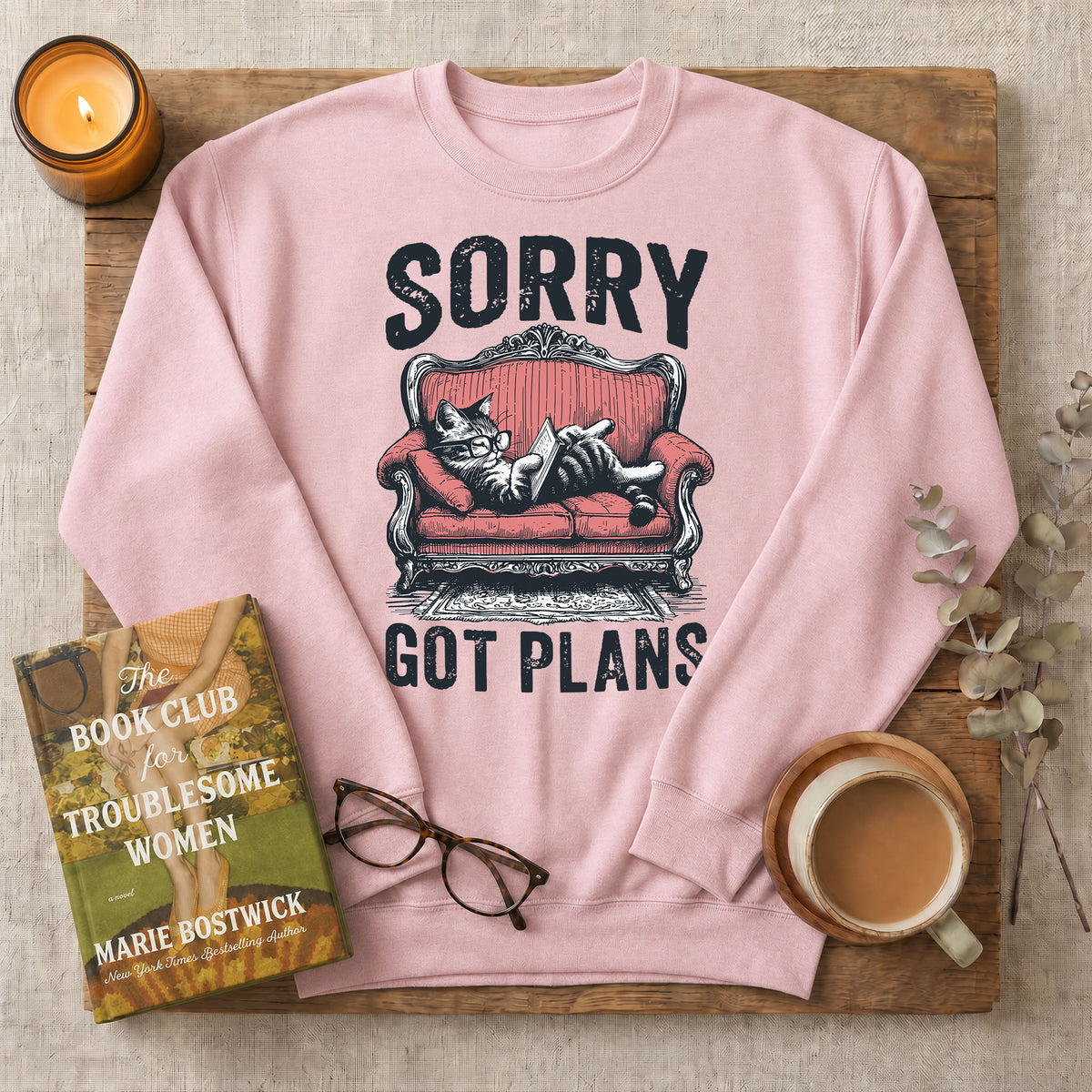 Sorry Got Plans Reading Cat Crewneck Sweatshirt