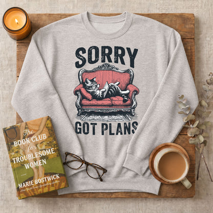 Sorry Got Plans Reading Cat Crewneck Sweatshirt