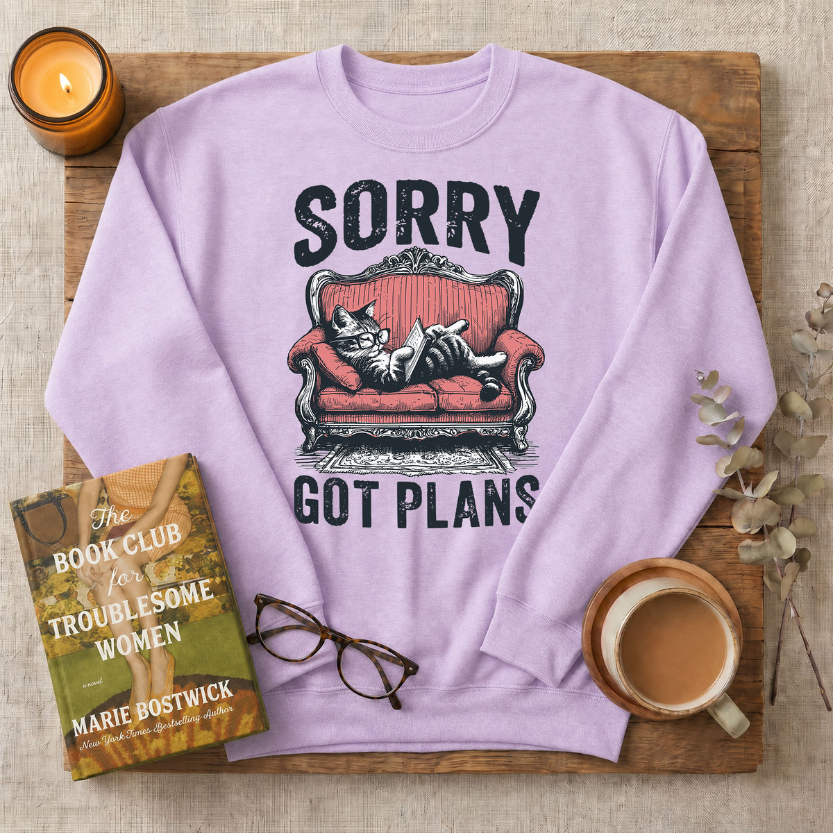Sorry Got Plans Reading Cat Crewneck Sweatshirt