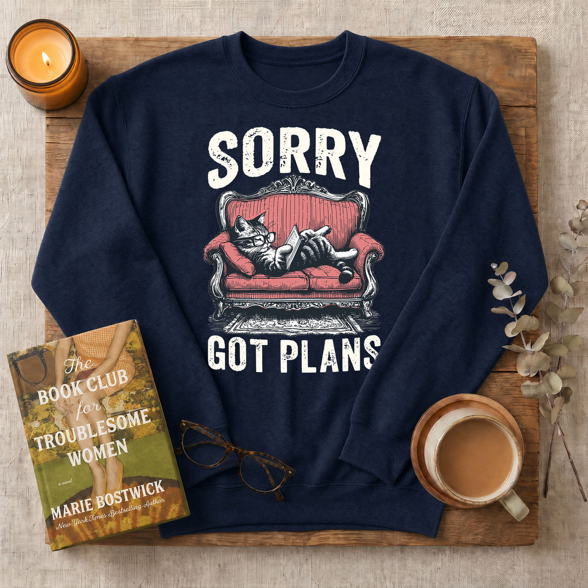 Sorry Got Plans Reading Cat Crewneck Sweatshirt
