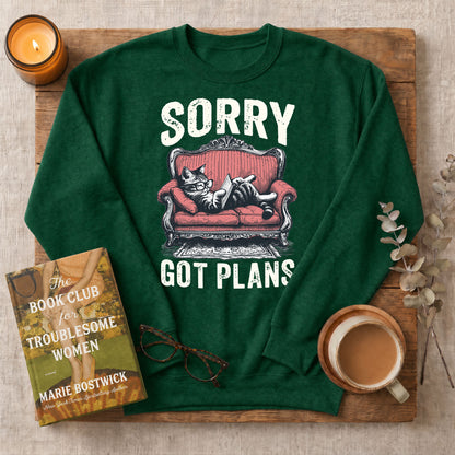 Sorry Got Plans Reading Cat Crewneck Sweatshirt