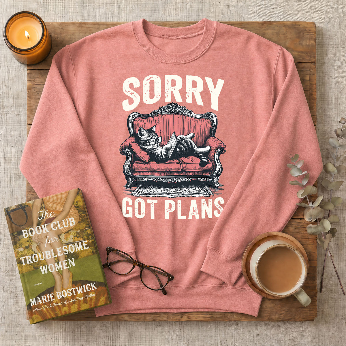 Sorry Got Plans Reading Cat Crewneck Sweatshirt